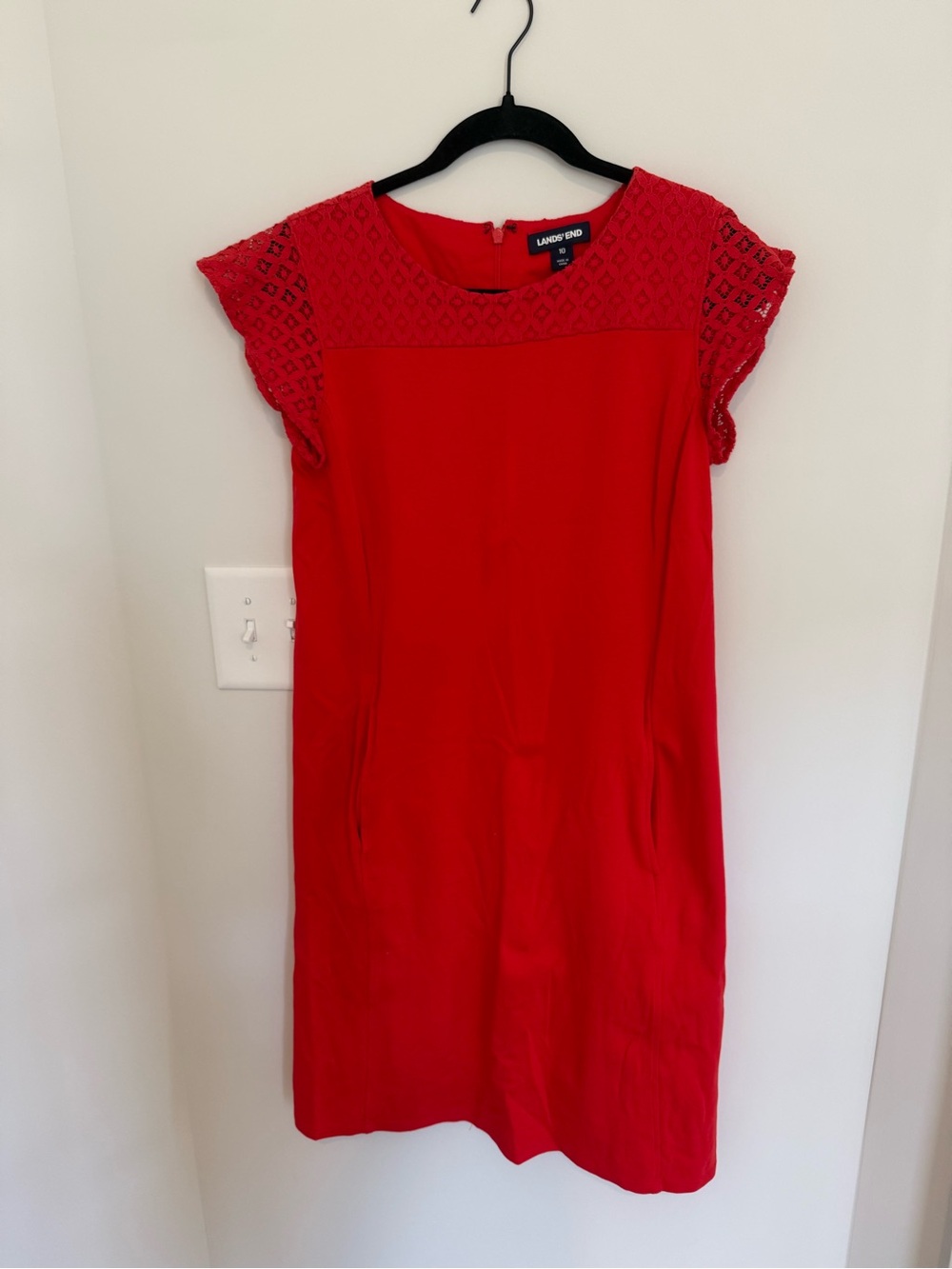 Lands' End Red Lace-Cap Sleeve Shift Dress
